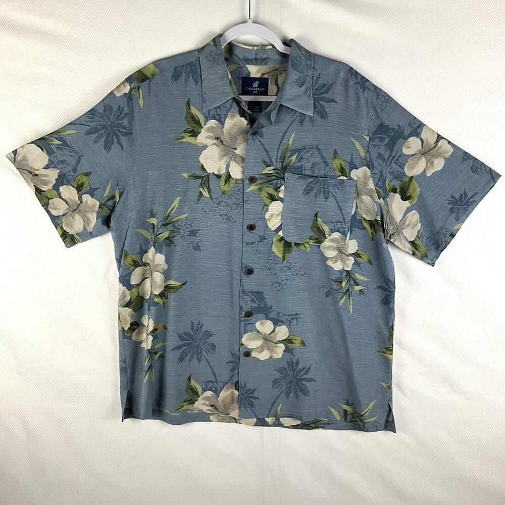 Caribbean Joe Mens Size XL Blue Floral Hibiscus 100% Silk Button Hawaiian Shirt